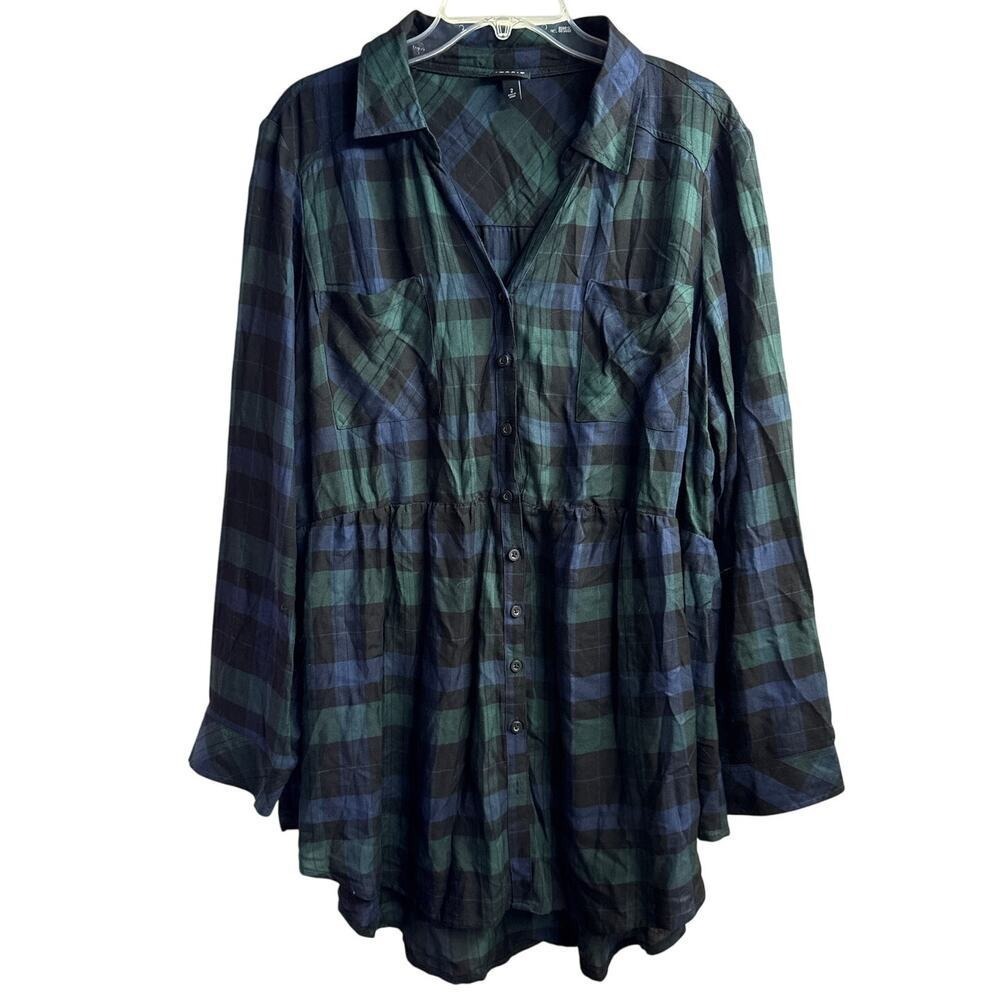 Torrid Emma Plaid Babydoll Tunic Top Plus Size 2 Green Navy Button‎ Front Boho